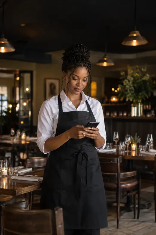 A restaurant server reading a short training lesson on her phone between set tables before service